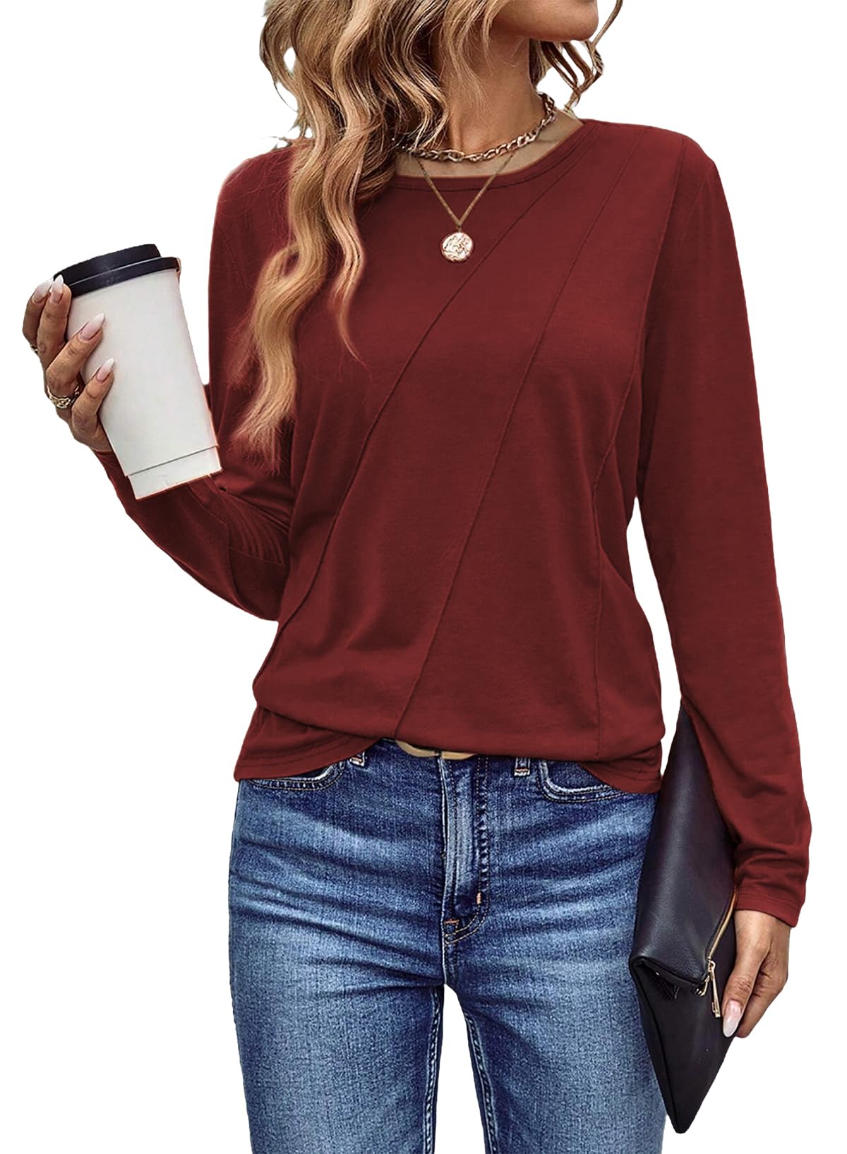 Foto 2 pulgar | Camiseta Evaless De Primavera De Manga Larga Para Mujer, Color Rojo Dahlia M - Venta Internacional.