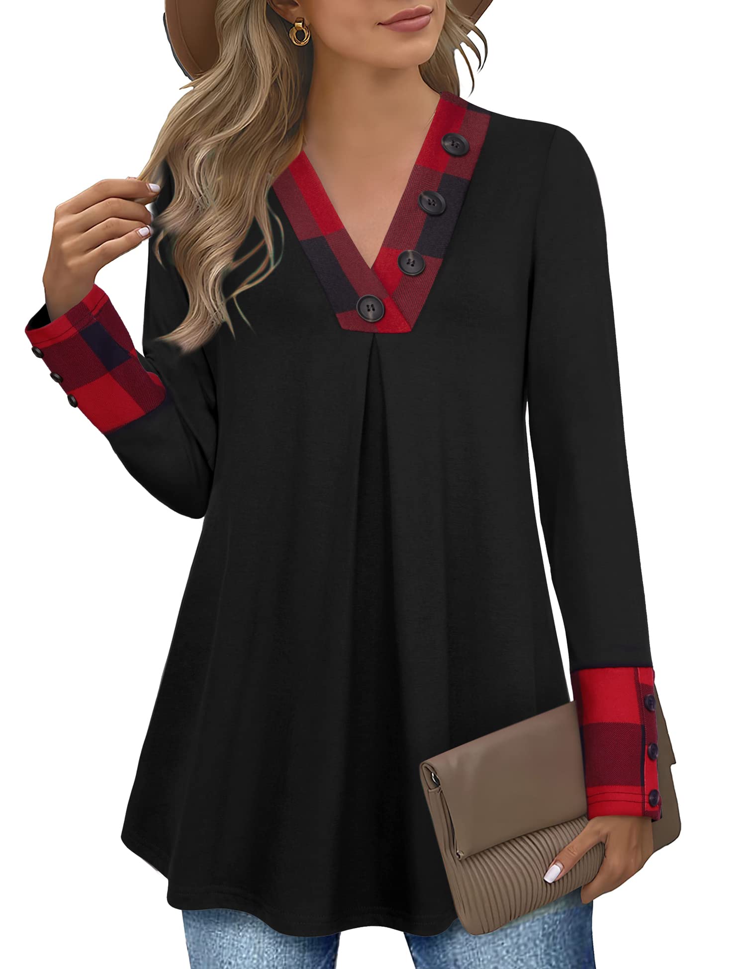 Foto 2 pulgar | Blusa Tipo Túnica Messic Para Mujer, Moda De Otoño 2024, Cuello En V, Color Negro A Cuadros - Venta Internacional.