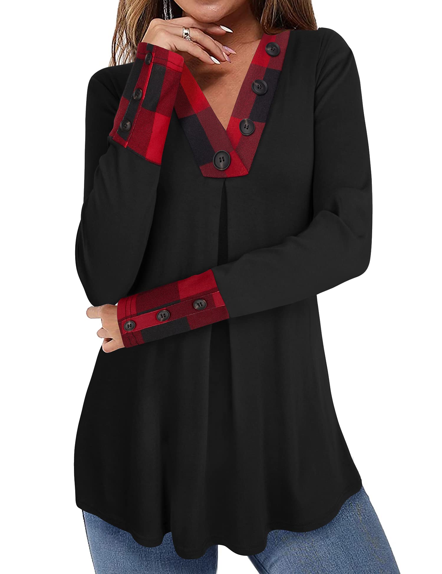 Foto 3 pulgar | Blusa Tipo Túnica Messic Para Mujer, Moda De Otoño 2024, Cuello En V, Color Negro A Cuadros - Venta Internacional.