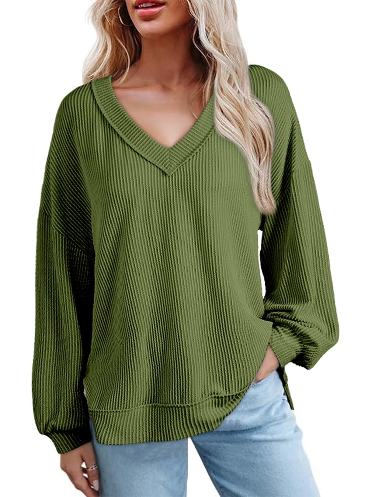 Foto 6 pulgar | Camisa De Manga Larga Evaless Para Mujer Con Cuello En V, Color Verde Oliva - Venta Internacional.
