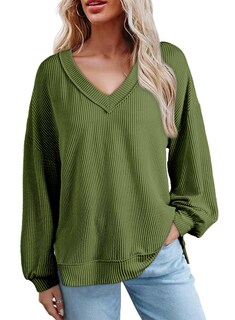 Foto 5 | Camisa De Manga Larga Evaless Para Mujer Con Cuello En V, Color Verde Oliva - Venta Internacional.