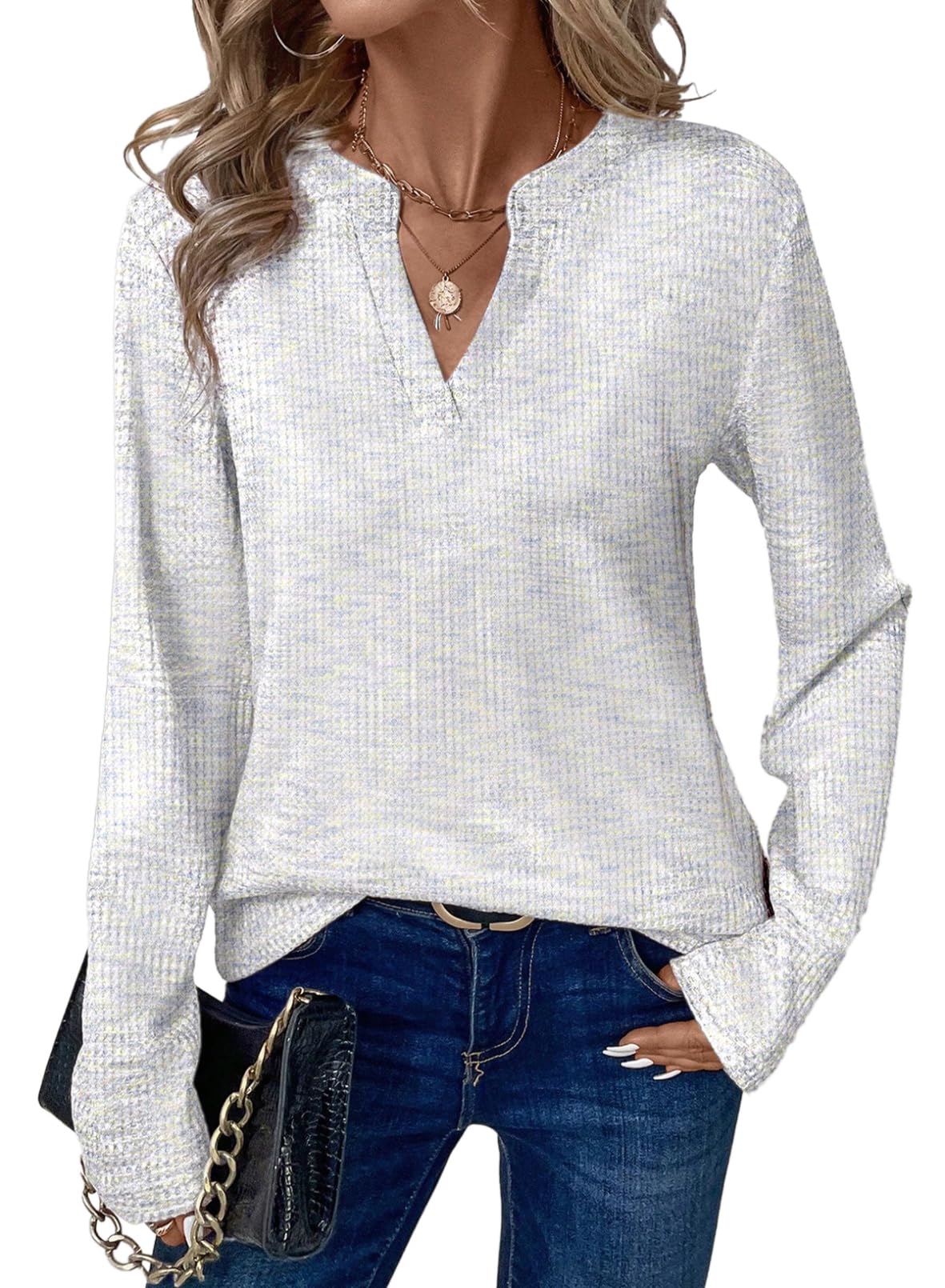 Foto 1 | Top Dokotoo Para Mujer  Manga Larga  Cuello En V  Tejido Gofrado  Blanco  Xl - Venta Internacional.