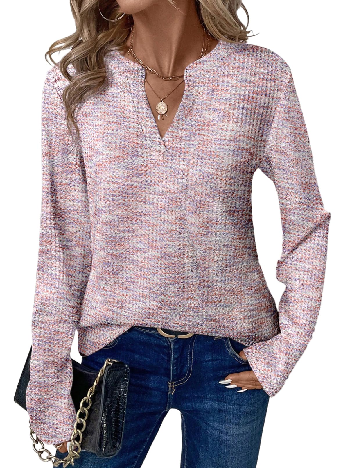 Foto 2 pulgar | Top Dokotoo De Punto Gofrado Con Cuello En V Y Manga Larga Para Mujer  Rosa S - Venta Internacional.