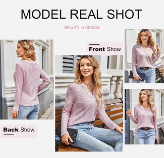 Foto 4 | Top Dokotoo De Punto Gofrado Con Cuello En V Y Manga Larga Para Mujer Rosa S - Venta Internacional.