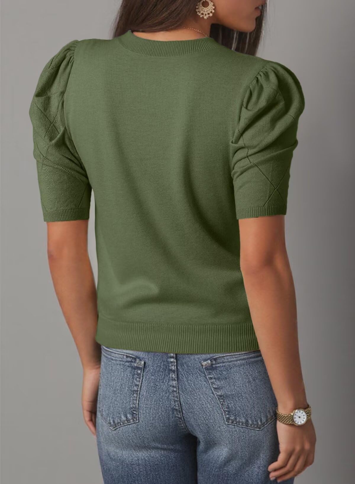 Foto 2 | Top De Punto Dokotoo 2025  Manga Corta Y Abullonada  Cuello Redondo  Verde Para Mujer - Venta Internacional.