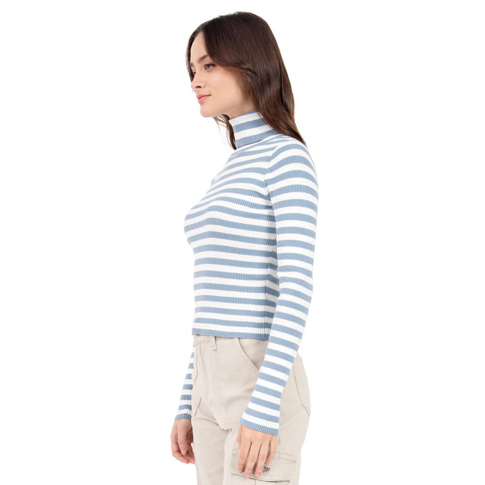 Foto 3 pulgar | Playera Quarry a Rayas con Cuello Alto Azul para Mujer