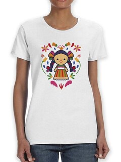 Foto 1 | Playera Smartprintsink Para Mujer Muñeca Mexicana Tradicional Color Blanco