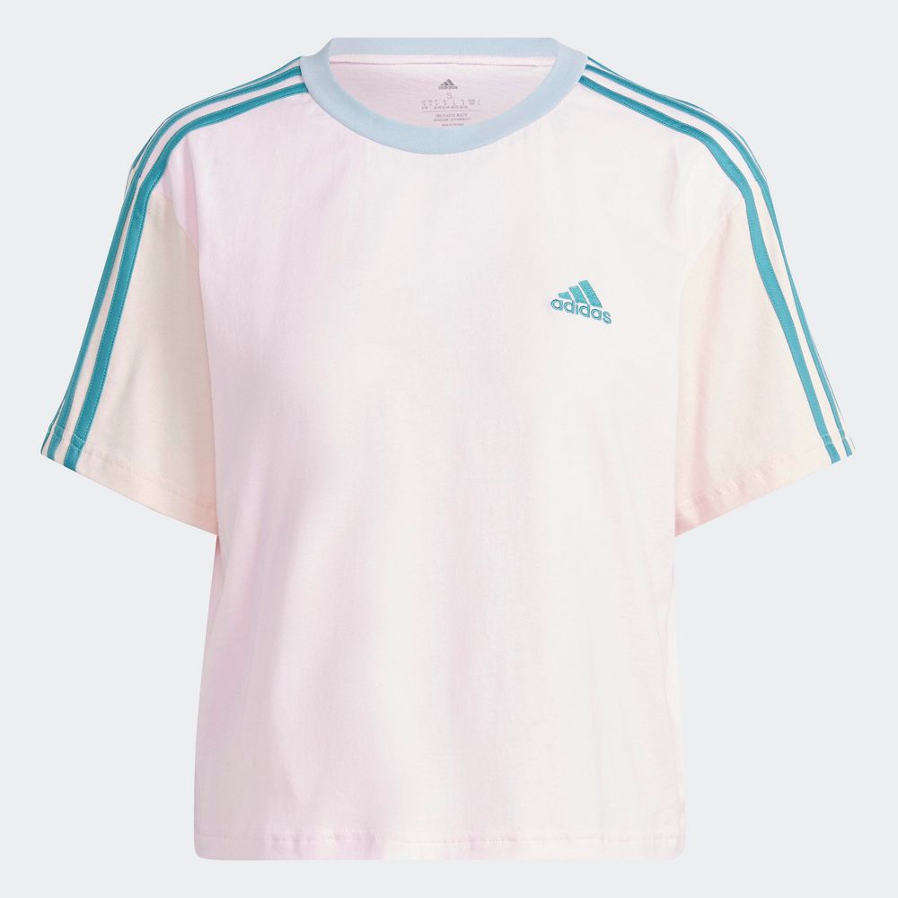Foto 3 pulgar | Playera Corta Adidas Essentials 3 Franjas Rosa para Mujer