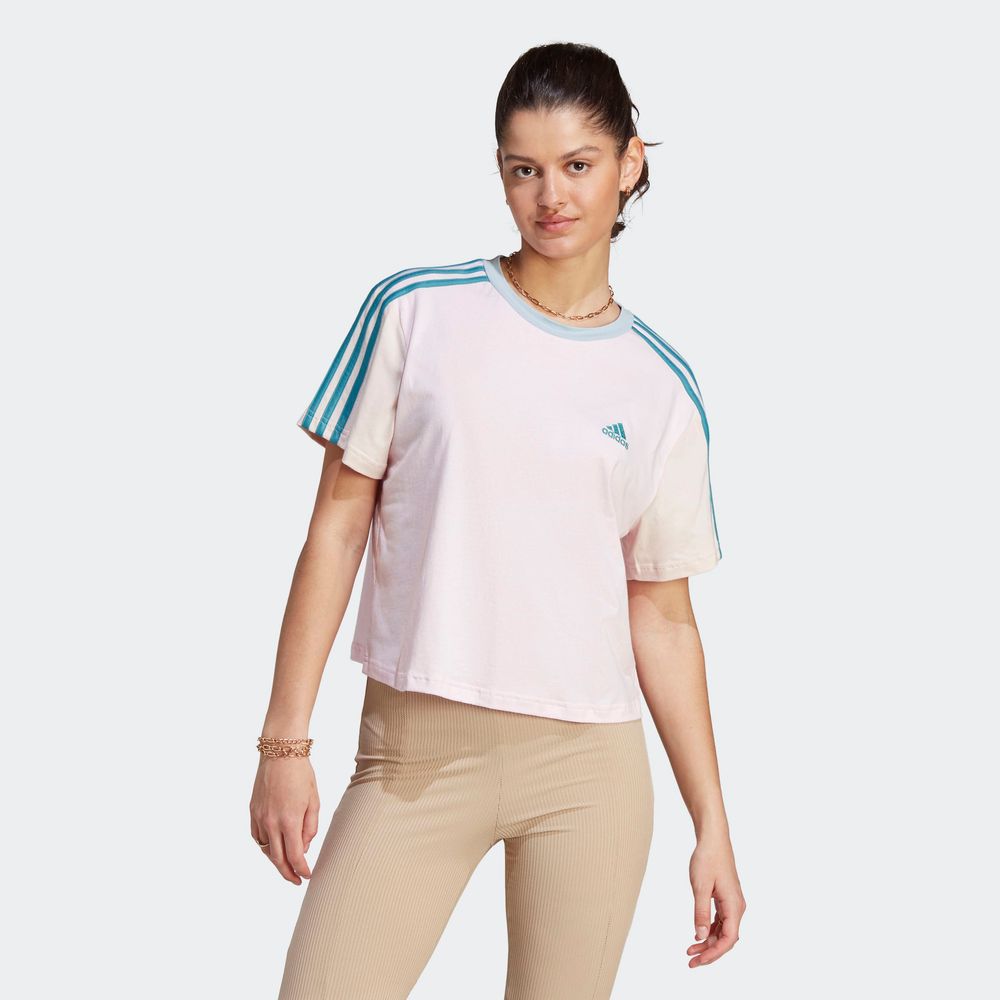 Foto 3 | Playera Corta Adidas Essentials 3 Franjas Rosa para Mujer