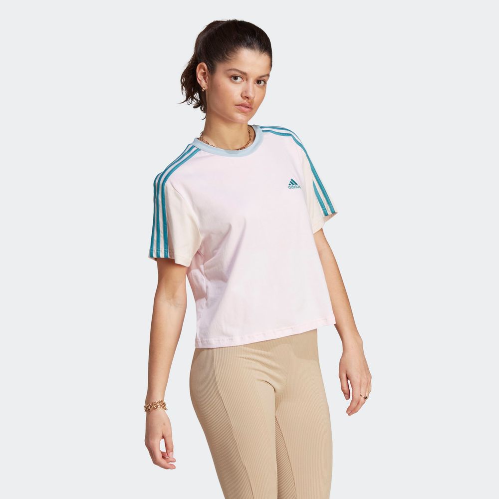 Foto 6 pulgar | Playera Corta Adidas Essentials 3 Franjas Rosa para Mujer
