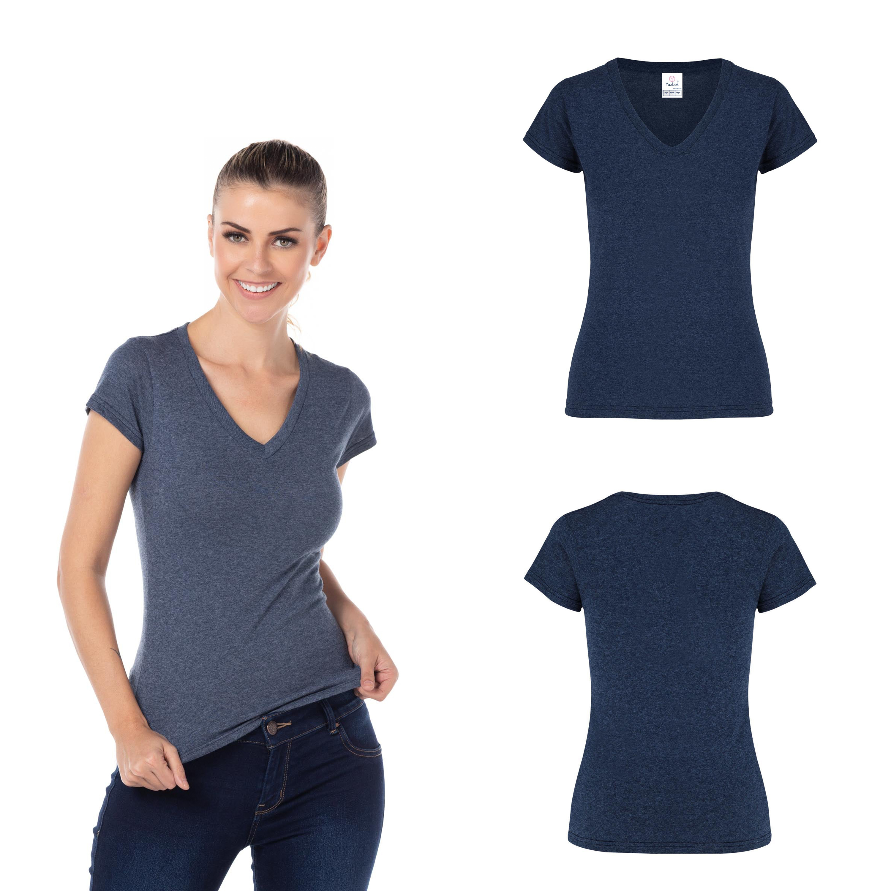 Foto 3 pulgar | Playera Cuello V Yazbek Azul Marino para Mujer