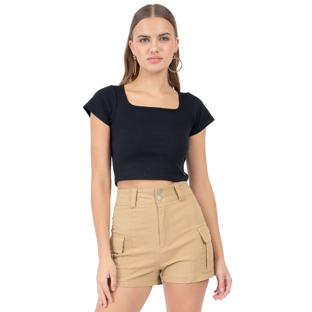 Playera Cuello Abierto Manga Corta Para Mujer Quarry Color Negro