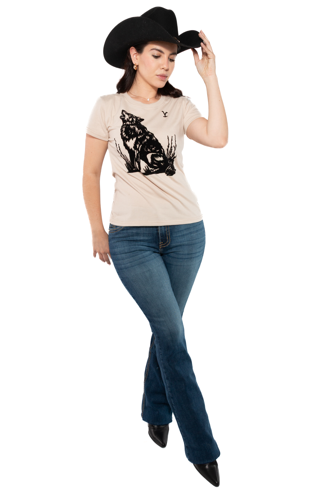 Foto 6 pulgar | Playera Yellowstone Lobo Terciopelo Arena