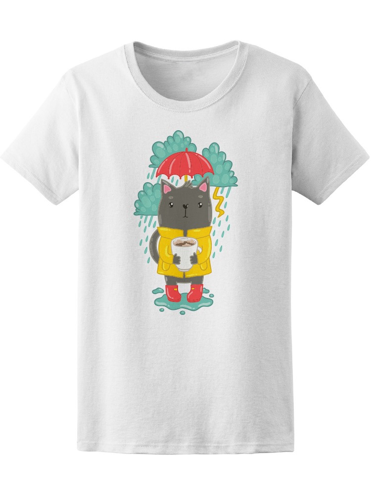 Foto 1 | Playera Mujer Gatito Bajo la Lluvia con Paraguas y Chocolate Smartprintsink Blanco