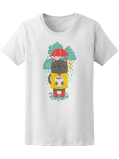 Foto 1 | Playera Mujer Gatito Bajo la Lluvia con Paraguas y Chocolate Smartprintsink Blanco