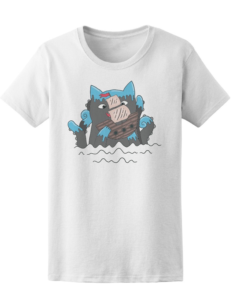 Playera Smartprintsink para Mujer Diseño Gato Monstruo Marino Con Barco