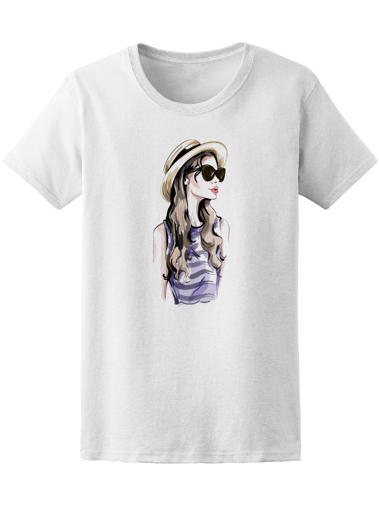 Foto 2 pulgar | Playera SmartPrintsInk para Mujer Ilustración de Chica con Sombrero y Lentes de Sol