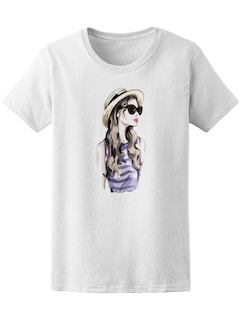 Foto 1 | Playera SmartPrintsInk para Mujer Ilustración de Chica con Sombrero y Lentes de Sol