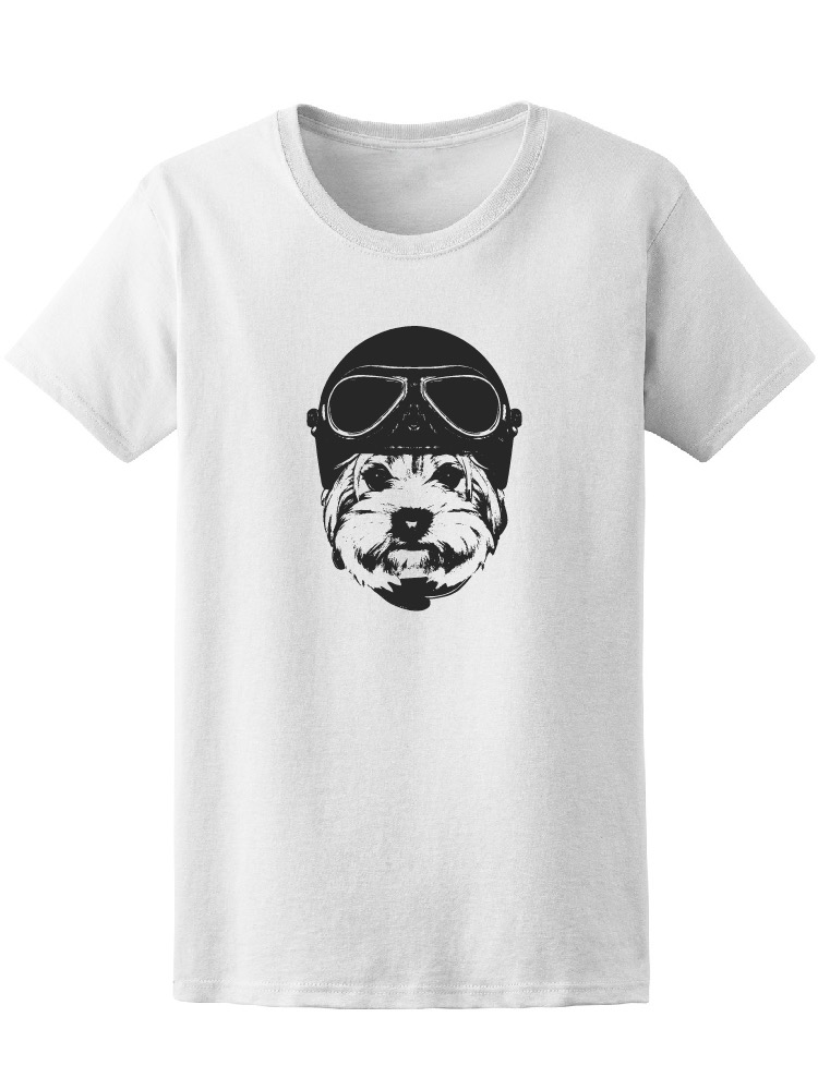 Playera SmartPrintsInk para Mujer Diseño de Perro con Casco de Motociclista