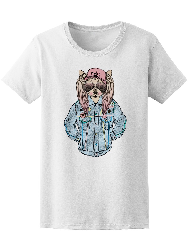 Playera SmartPrintsInk para Mujer con Ilustración de Shih Tzu con Chamarra y Gorra