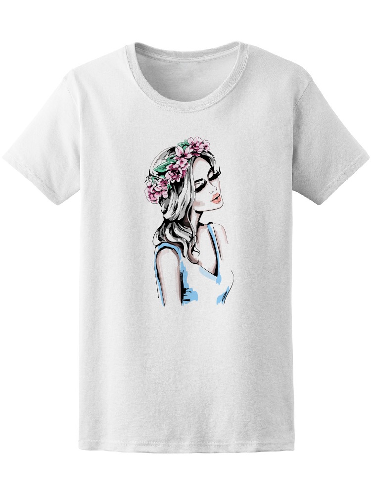 Playera Smartprintsink Mujer Ilustración/ Chica con Corona de Flores/ Vestido Azul
