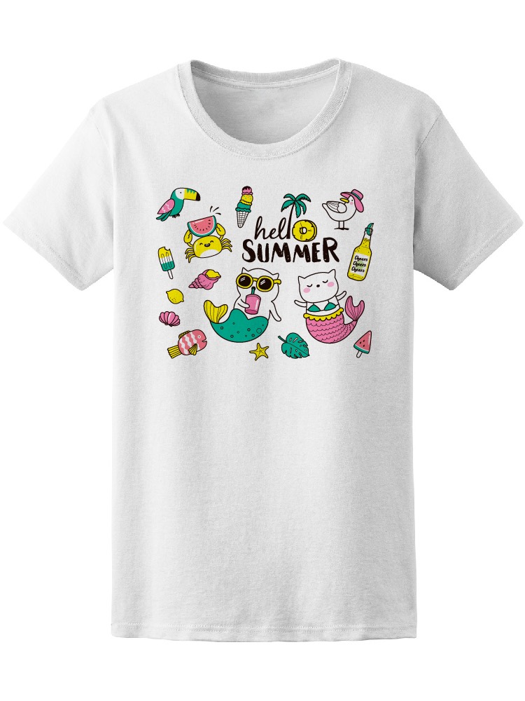 Foto 2 pulgar | Playera Smartprintsink Mujer Hola Verano/ Gatitos Sirena Con Objetos De Verano
