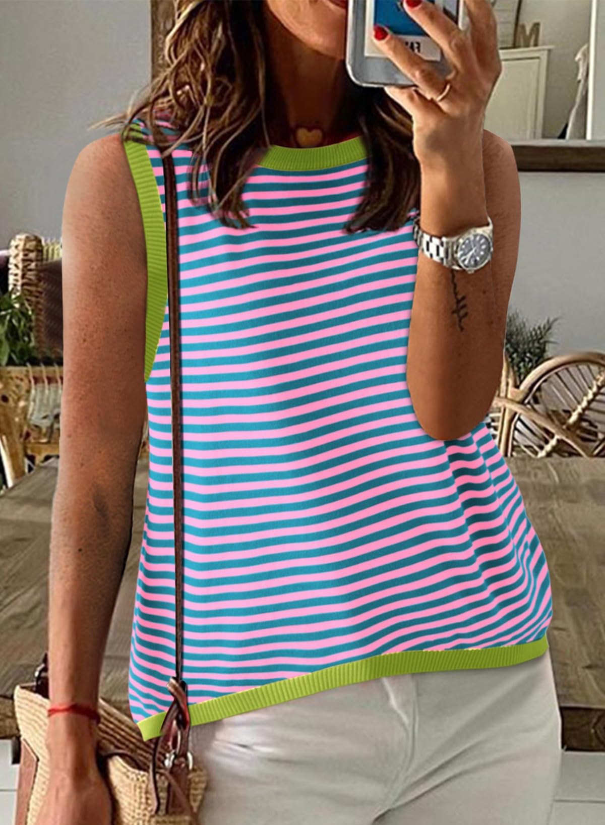 Foto 3 | Camiseta Sin Mangas Dokotoo Summer Para Mujer Casual De Punto Verde A Rayas - Venta Internacional.