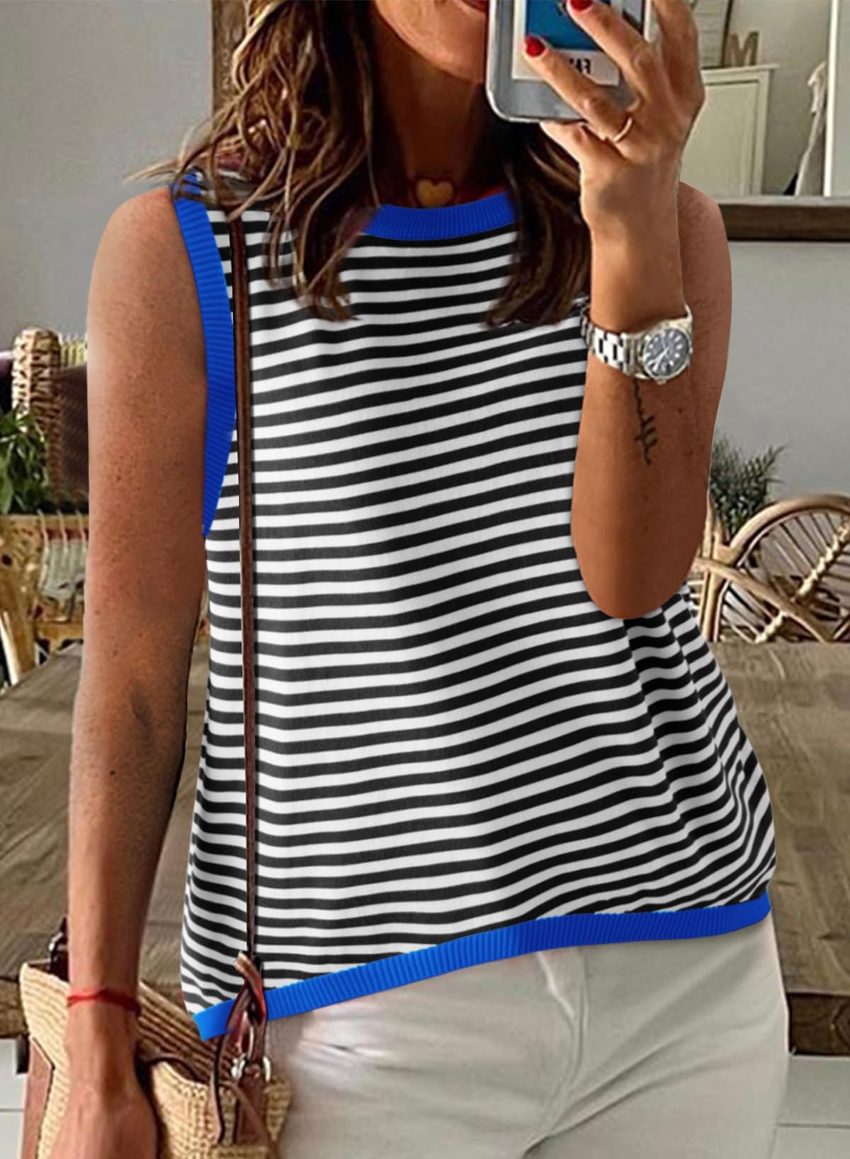 Foto 3 pulgar | Camiseta Sin Mangas Dokotoo Summer Para Mujer Tejida A Rayas Negra - Venta Internacional.