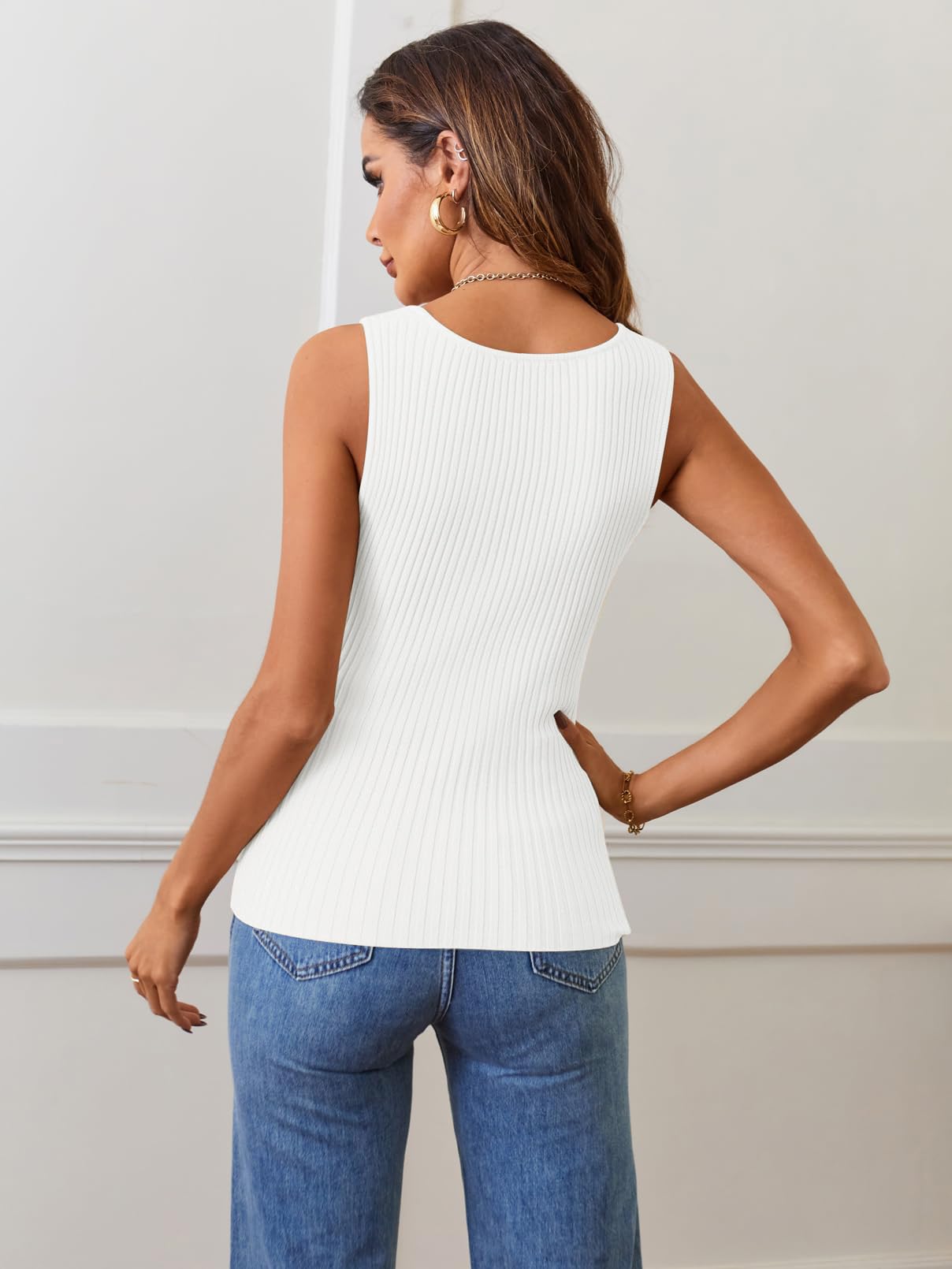 Foto 4 pulgar | Camiseta Sin Mangas Merokeety 2025 De Punto Acanalado Con Cuello Cuadrado Blanca Xl Para Mujer - Venta Internacional.