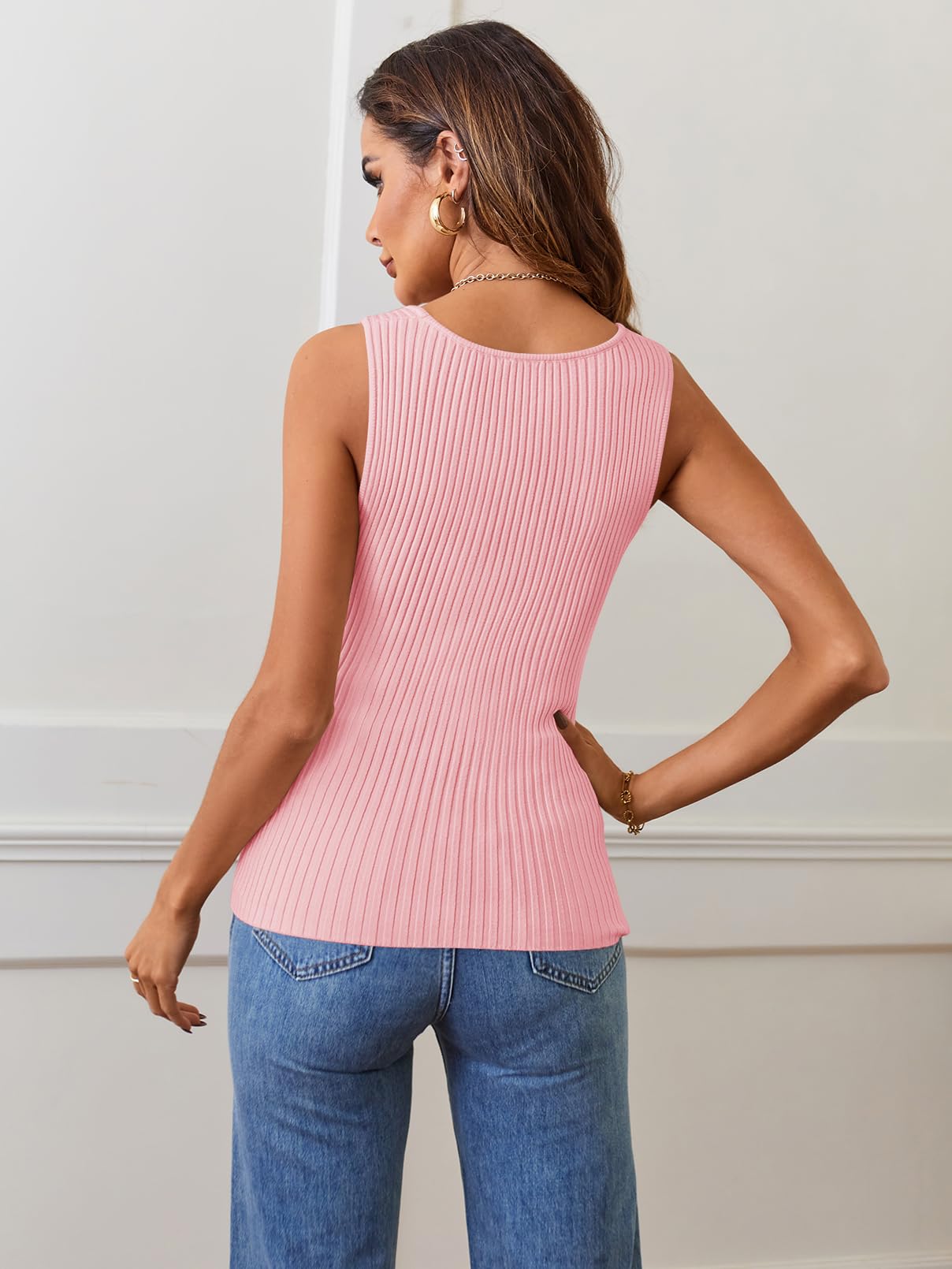 Foto 4 pulgar | Camiseta Sin Mangas Merokeety 2025 De Punto Acanalado Con Cuello Cuadrado Sin Mangas Rosa - Venta Internacional.