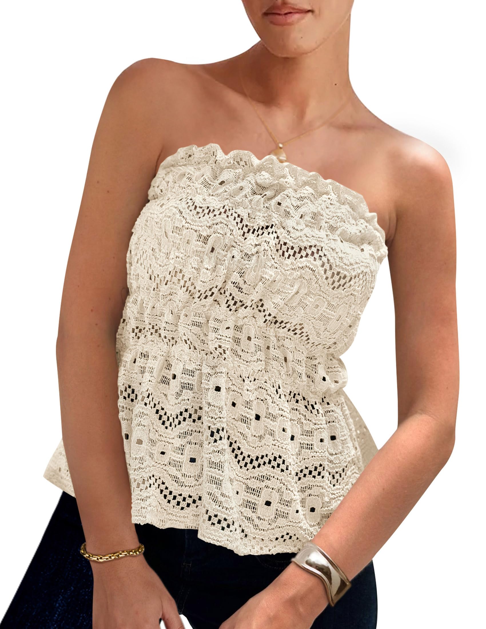 Foto 2 pulgar | Tube Top Prettygarden Para Mujer, Estilo Bohemio, Sin Tirantes, Ojales, Beige - Venta Internacional.