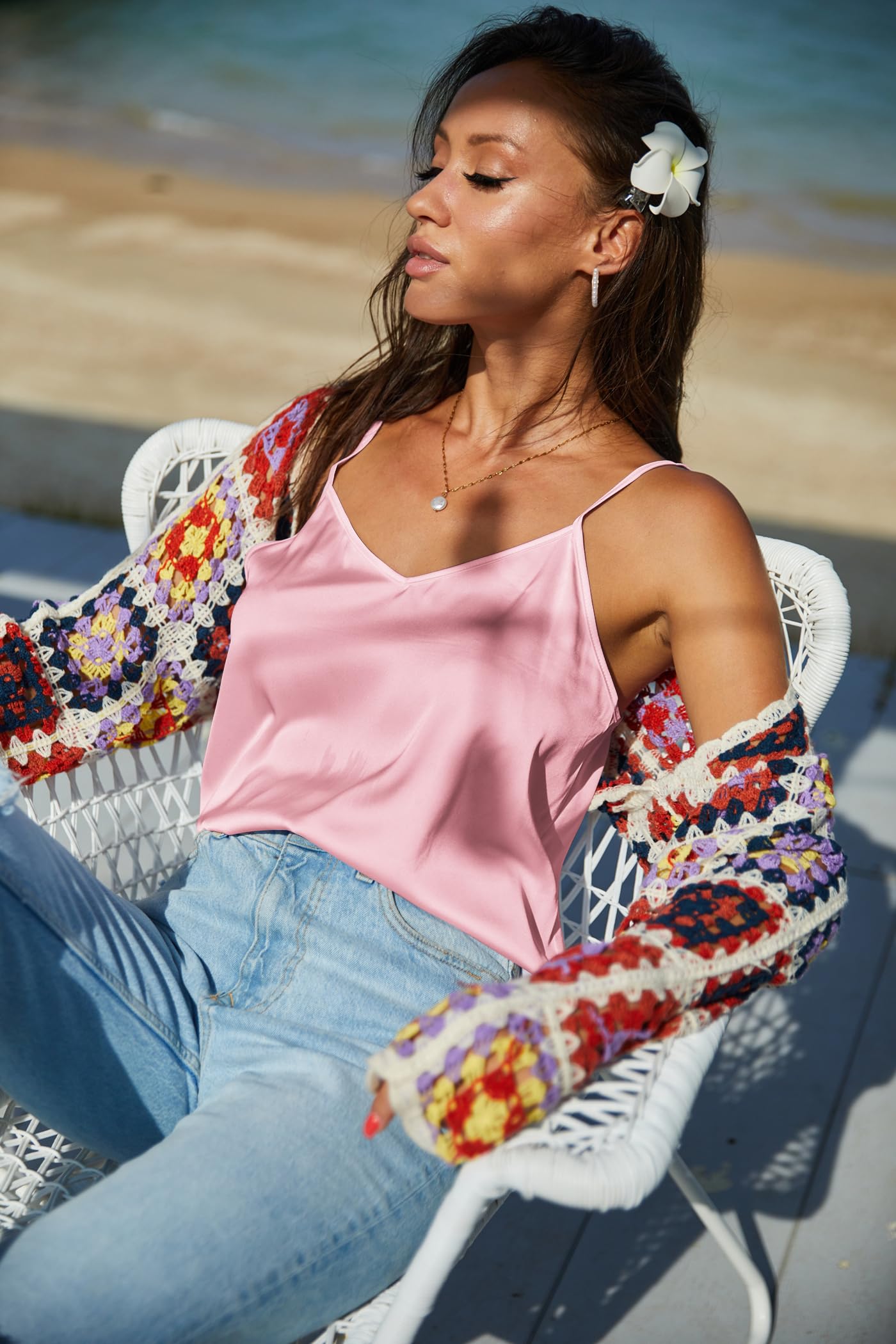 Foto 4 pulgar | Camisetas Sin Mangas Ekouaer Para Mujer, Satén De Seda, Cuello En V, Tirantes Finos - Venta Internacional.