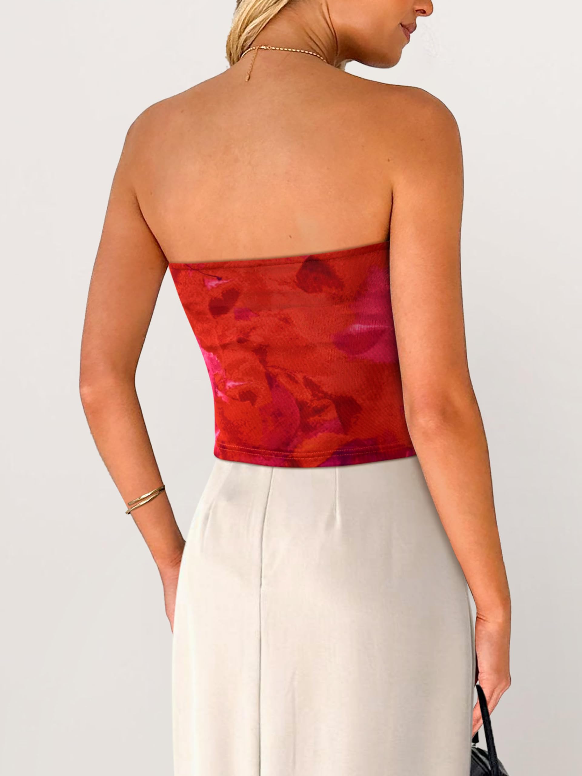 Foto 6 pulgar | Top De Tubo Mascomoda Para Mujer De Verano 2025 Con Estampado Floral Rojo - Venta Internacional.