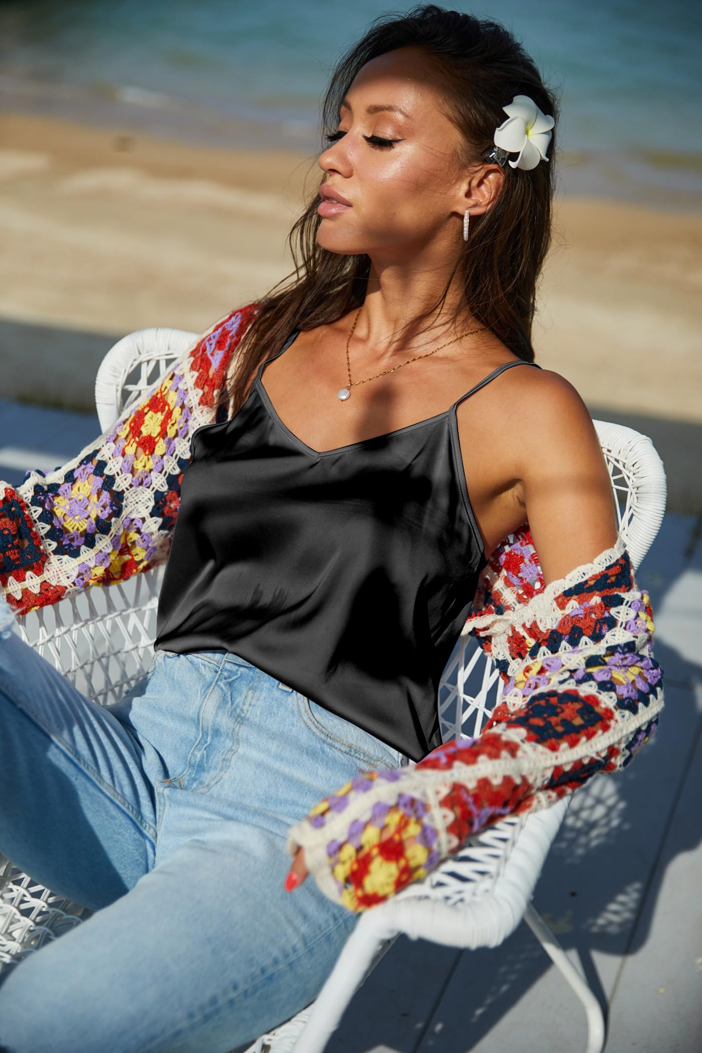 Foto 4 pulgar | Camisetas Sin Mangas Ekouaer De Satén De Seda Con Cuello En V Y Tirantes Finos Para Mujer - Venta Internacional.
