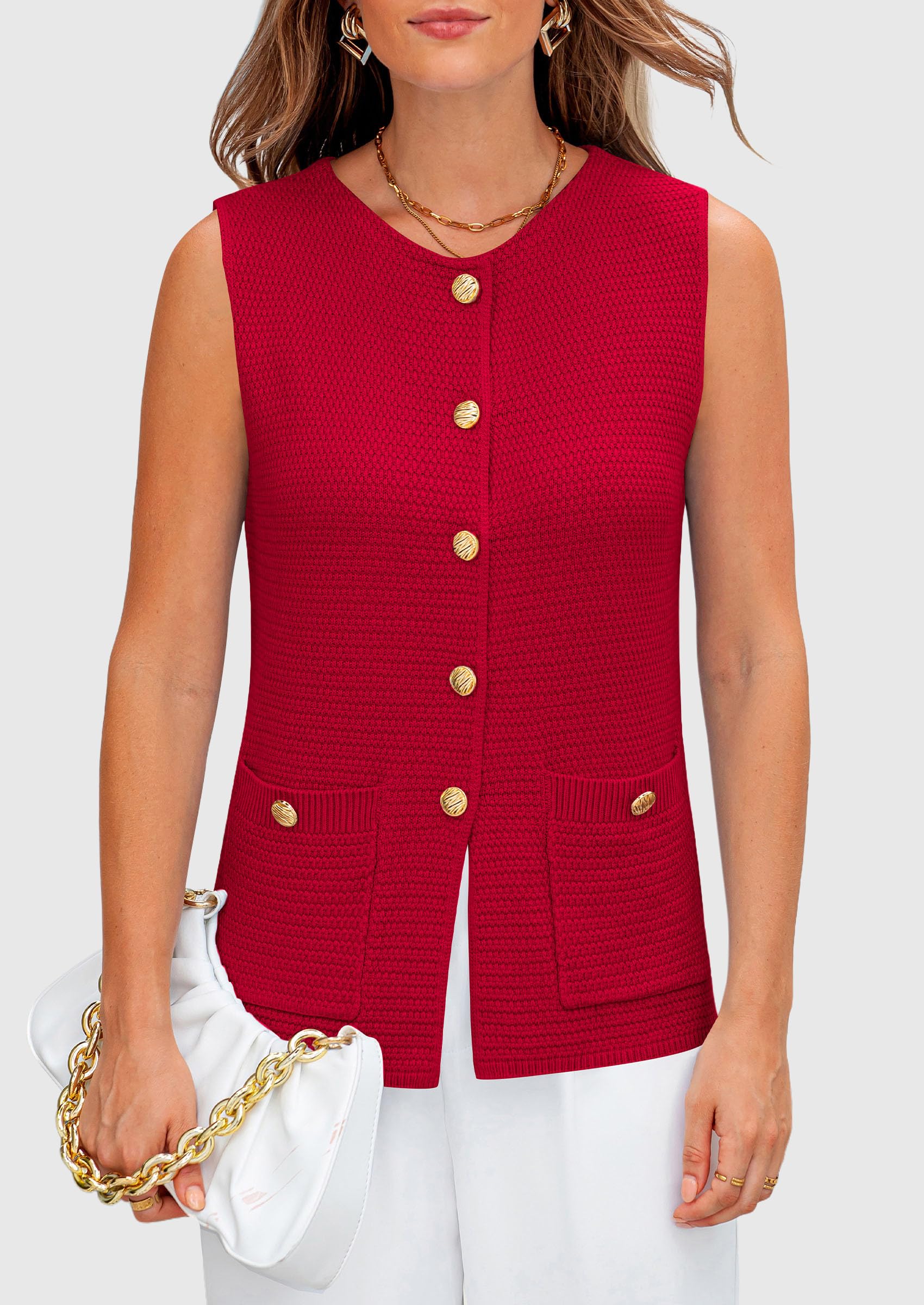 Foto 6 pulgar | Chaleco Tipo Suéter Prettygarden Para Mujer, Verano 2025, Rojo, Talla L - Venta Internacional.