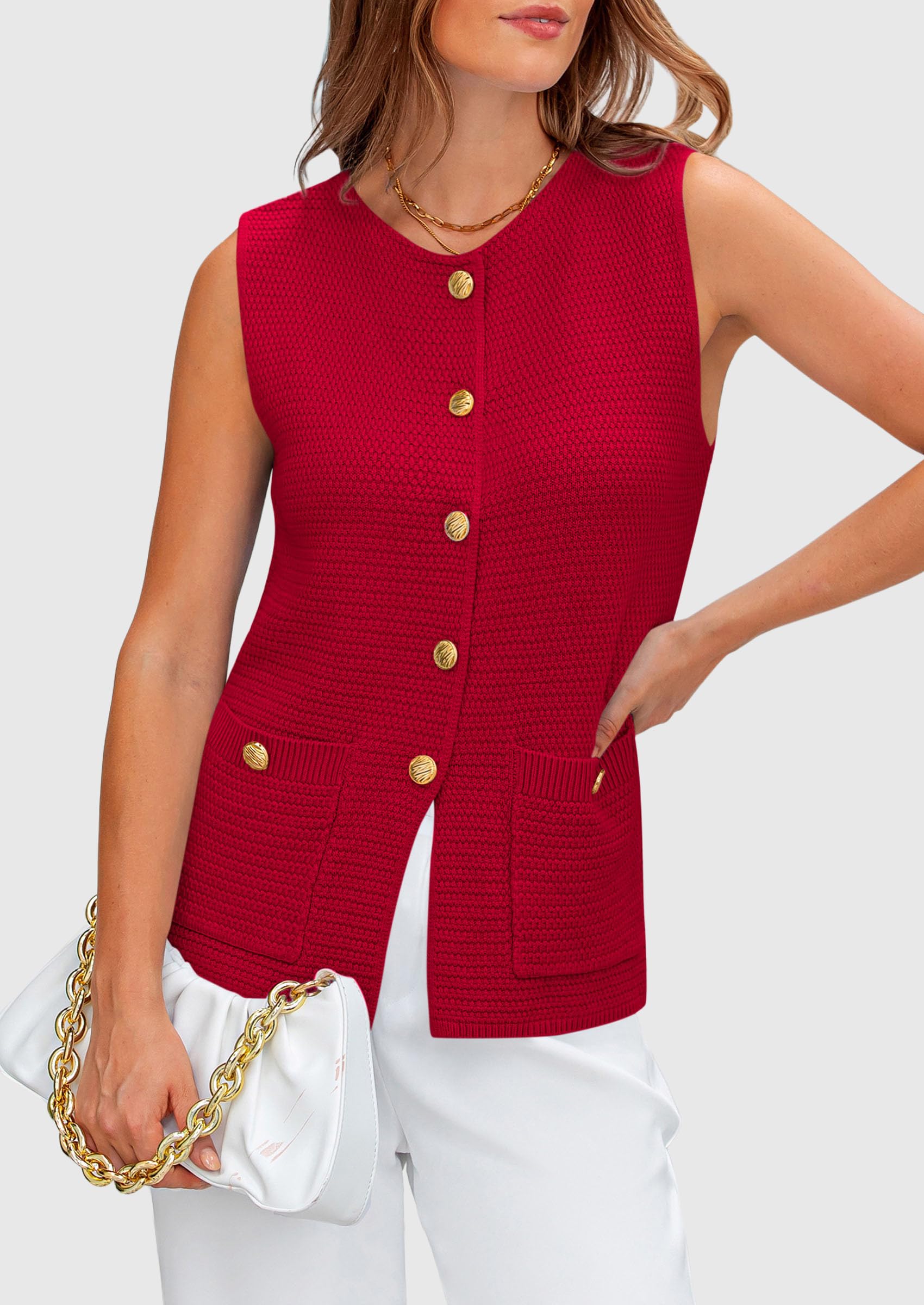 Foto 8 pulgar | Chaleco Tipo Suéter Prettygarden Para Mujer, Verano 2025, Rojo, Talla L - Venta Internacional.
