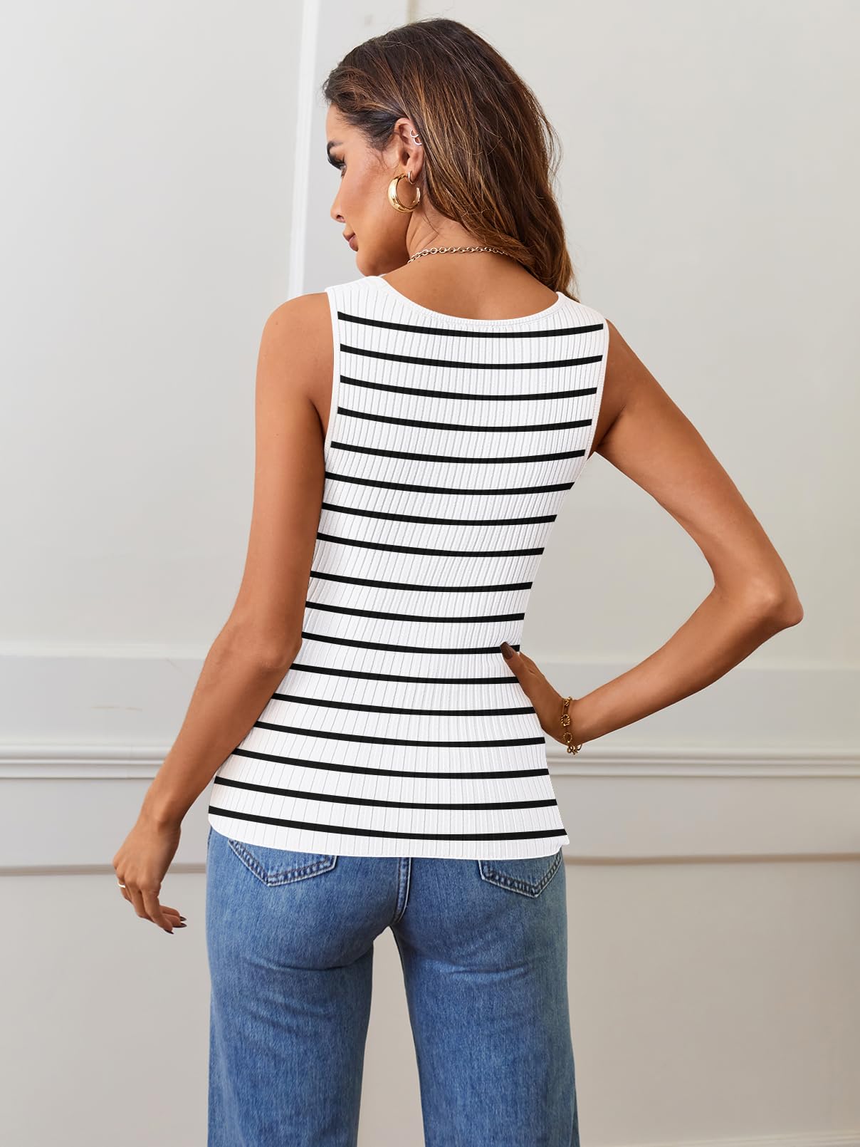 Foto 4 pulgar | Camiseta Sin Mangas Merokeety Para Mujer 2025, Punto A Rayas, Cuello Cuadrado, Blanca - Venta Internacional.