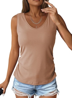 Foto 1 | Camiseta Sin Mangas Dokotoo Para Mujer, Cuello En V, Punto Acanalado, Color Caqui Fruncido - Venta Internacional.