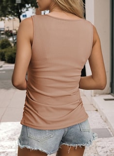 Foto 3 | Camiseta Sin Mangas Dokotoo Para Mujer, Cuello En V, Punto Acanalado, Color Caqui Fruncido - Venta Internacional.