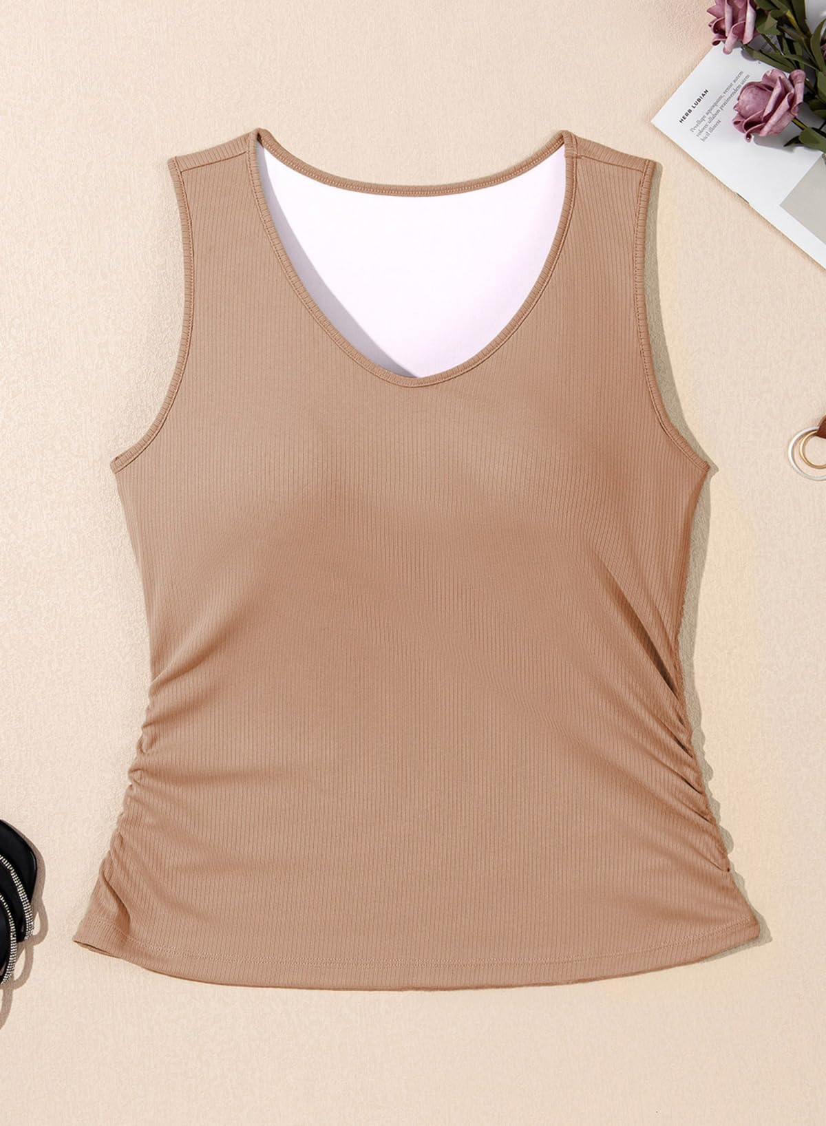 Foto 7 pulgar | Camiseta Sin Mangas Dokotoo Para Mujer, Cuello En V, Punto Acanalado, Color Caqui Fruncido - Venta Internacional.