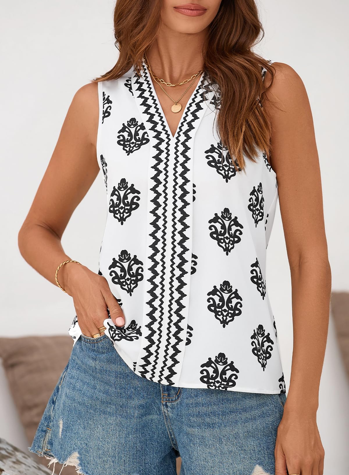 Foto 4 pulgar | Camiseta Sin Mangas Blencot De Chifón De Verano Sin Mangas Con Cuello En V Blanca Para Mujer - Venta Internacional.