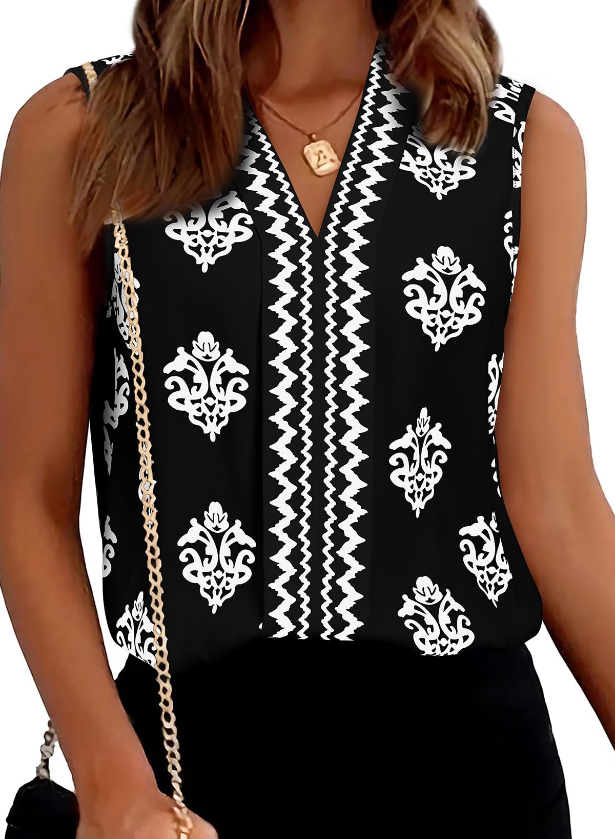Camiseta Sin Mangas Blencot De Chifón Con Cuello En V Y Estampado Floral Para Mujer, Color Negro - Venta Internacional.