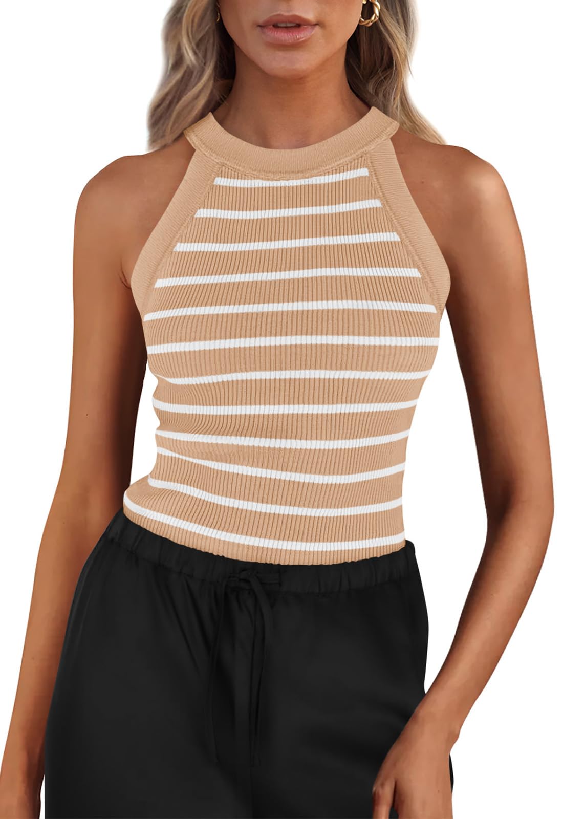 Camiseta Sin Mangas Prettygarden Para Mujer, Cuello Halter, Acanalado, A Rayas - Venta Internacional.