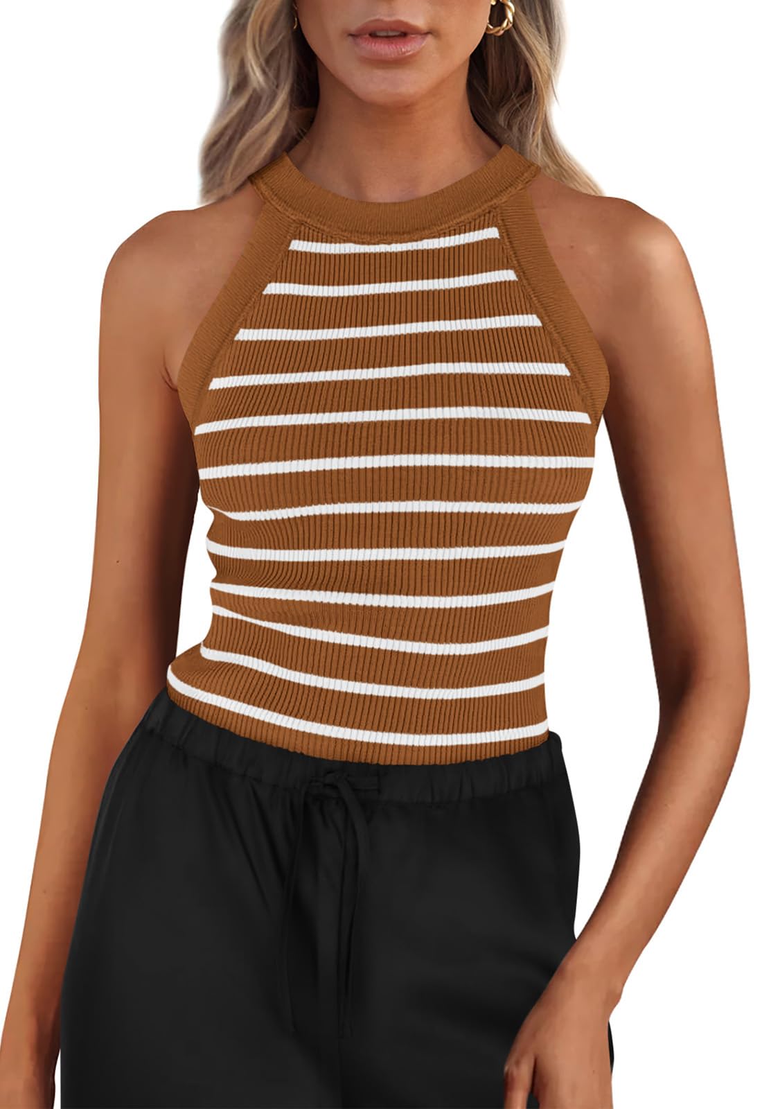 Foto 2 pulgar | Camiseta Sin Mangas Prettygarden Para Mujer, Cuello Halter, A Rayas, Color Café, Xxl - Venta Internacional.