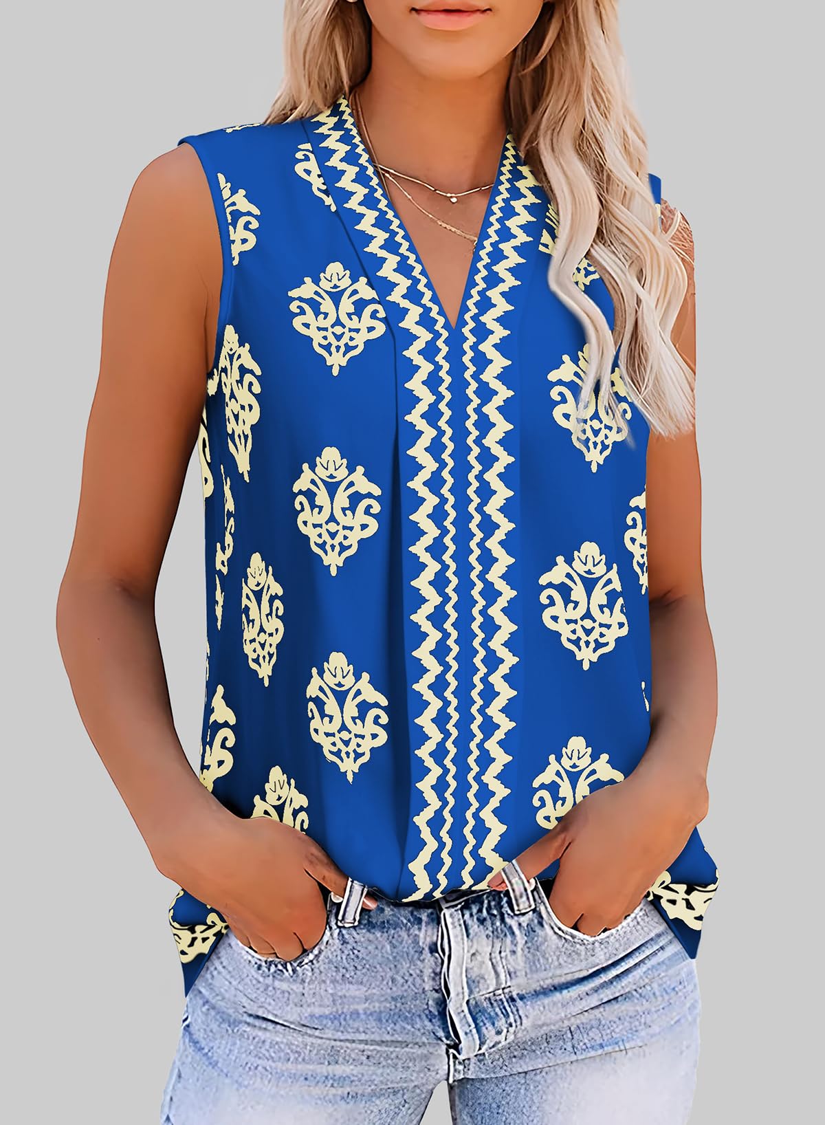 Foto 3 pulgar | Camiseta Sin Mangas Blencot Para Mujer Con Cuello En V Sin Mangas Plisada Azul S - Venta Internacional.