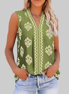 Foto 2 | Blusa Blencot De Verano De Chifón Con Cuello En V Y Estampado Floral Para Mujer, Verde - Venta Internacional.