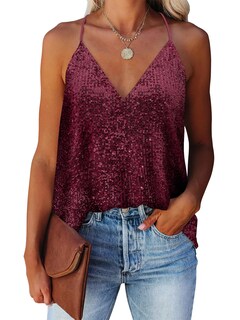 Foto 1 | Camiseta Sin Mangas Anrabess Con Lentejuelas Brillantes Y Purpurina Con Cuello En V, Color Burdeos - Venta Internaciona