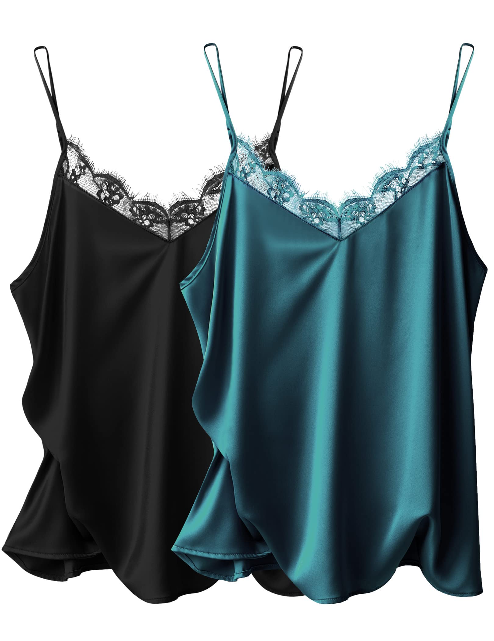 Camiseta Ekouaer De Satén Y Seda Con Encaje En V, Cuello En V, Negro Y Verde, Talla M - Venta Internacional.