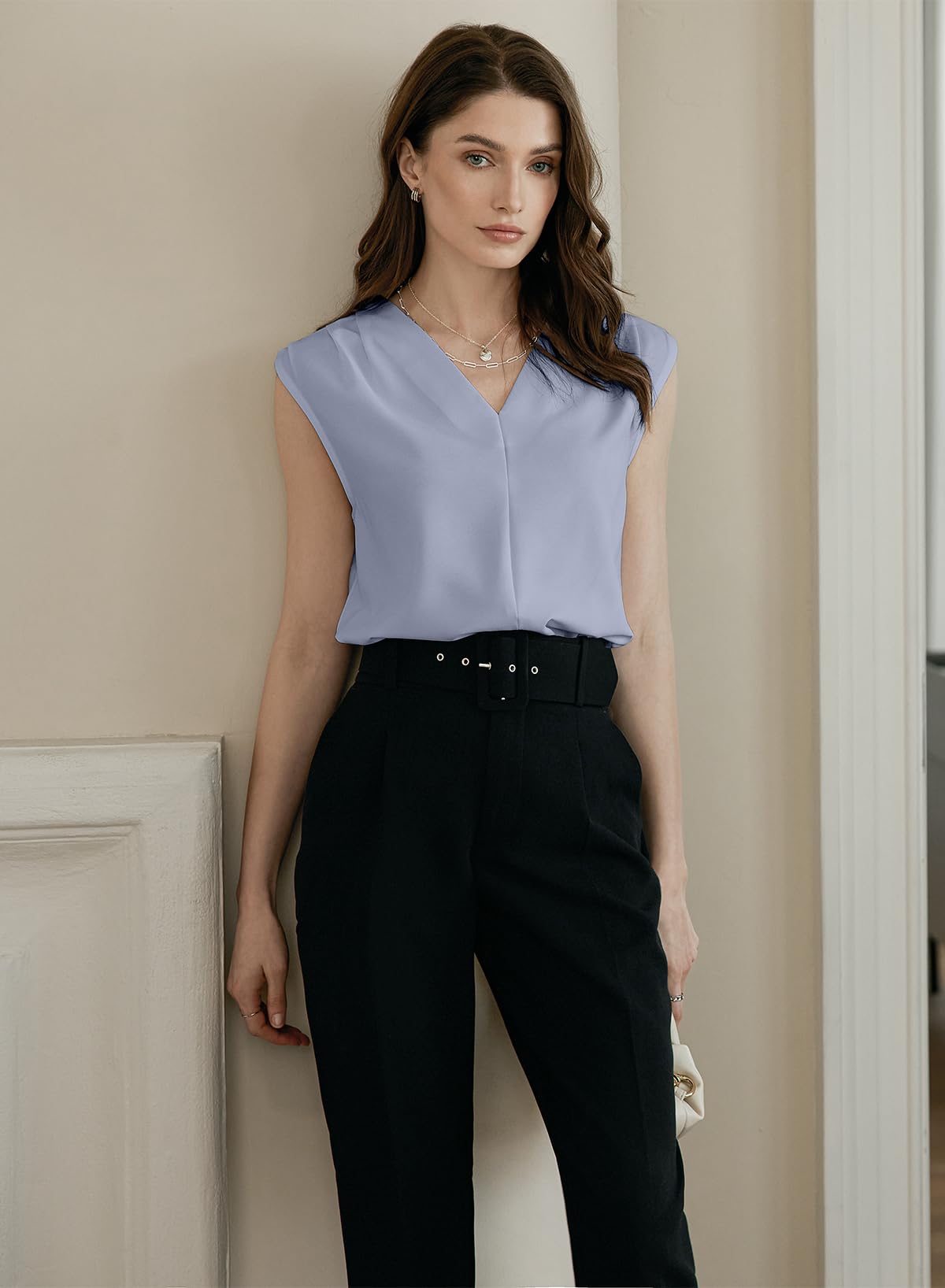 Foto 3 pulgar | Camiseta Sin Mangas Evaless Summer Para Mujer Con Cuello En V Plisada Beau Blue M - Venta Internacional.