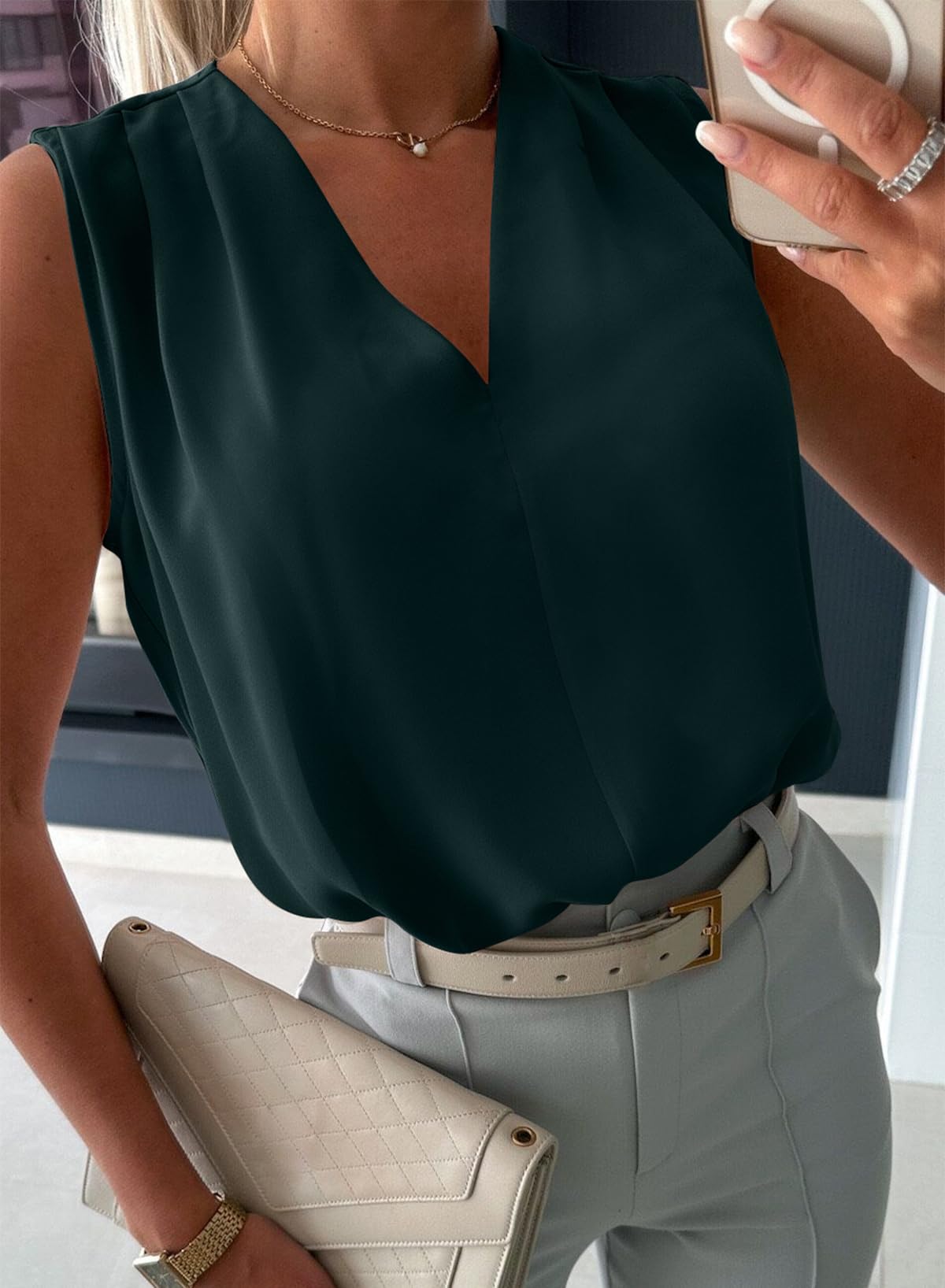 Foto 4 pulgar | Camiseta Sin Mangas Evaless Trendy 2025 Con Cuello En V Plisado Para Mujer - Venta Internacional.